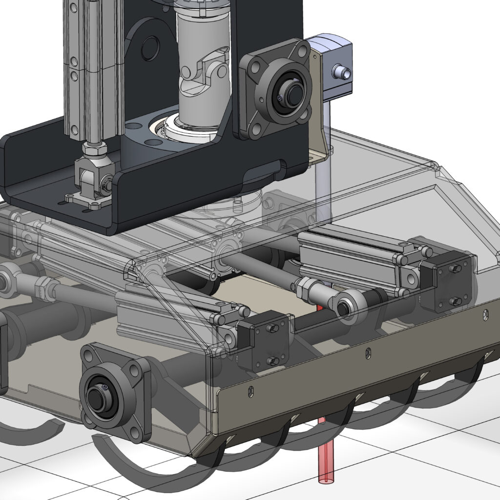 Modelo CAD 3D que muestra mecanismos y actuadores neumáticos
